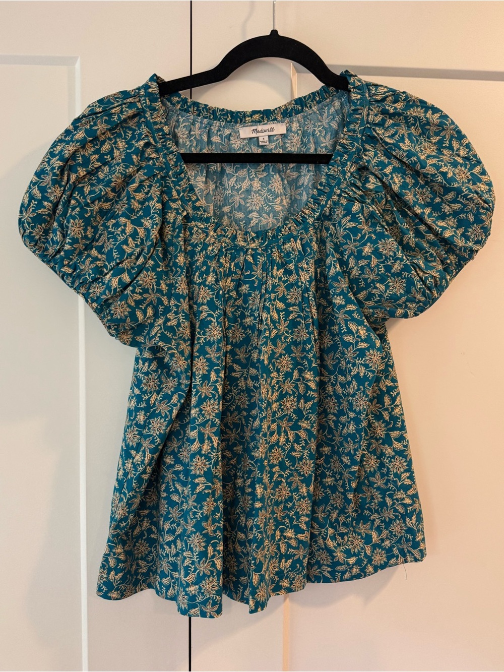 Madewell Teal Floral Puff-Sleeve Women's Top Size 6